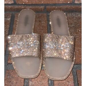 Bebe Olga Rhinestone Logo Slide Sandals Champagne Gold Silver Sparkly Womens 9